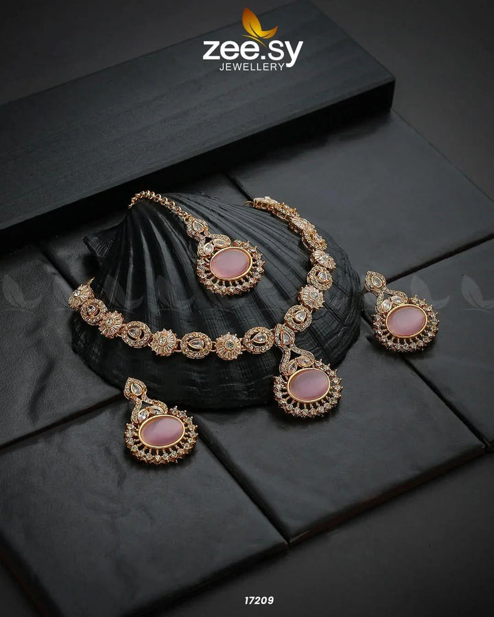 Zirconic Starburst Necklace Golden Mint Pink Necklace Sets - Zeesy Jewellery Pakistan | Premium Artificial & Imitation Jewellery
