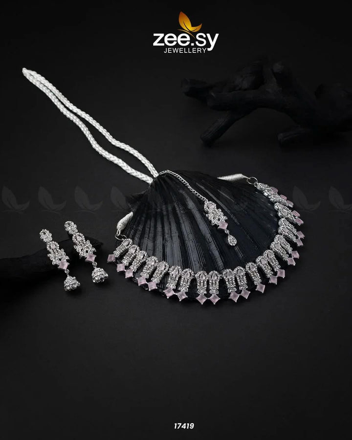 Classic Zircon Necklace Silver Pink Necklace Sets - Zeesy Jewellery Pakistan | Premium Artificial & Imitation Jewellery