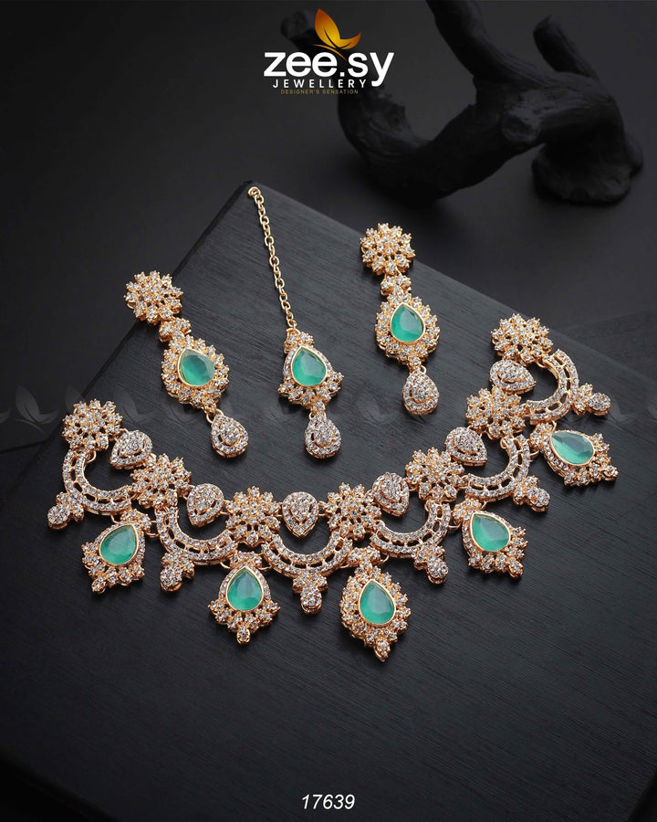 Galactic Necklace Golden Mint Green Necklace Sets - Zeesy Jewellery Pakistan | Premium Artificial & Imitation Jewellery