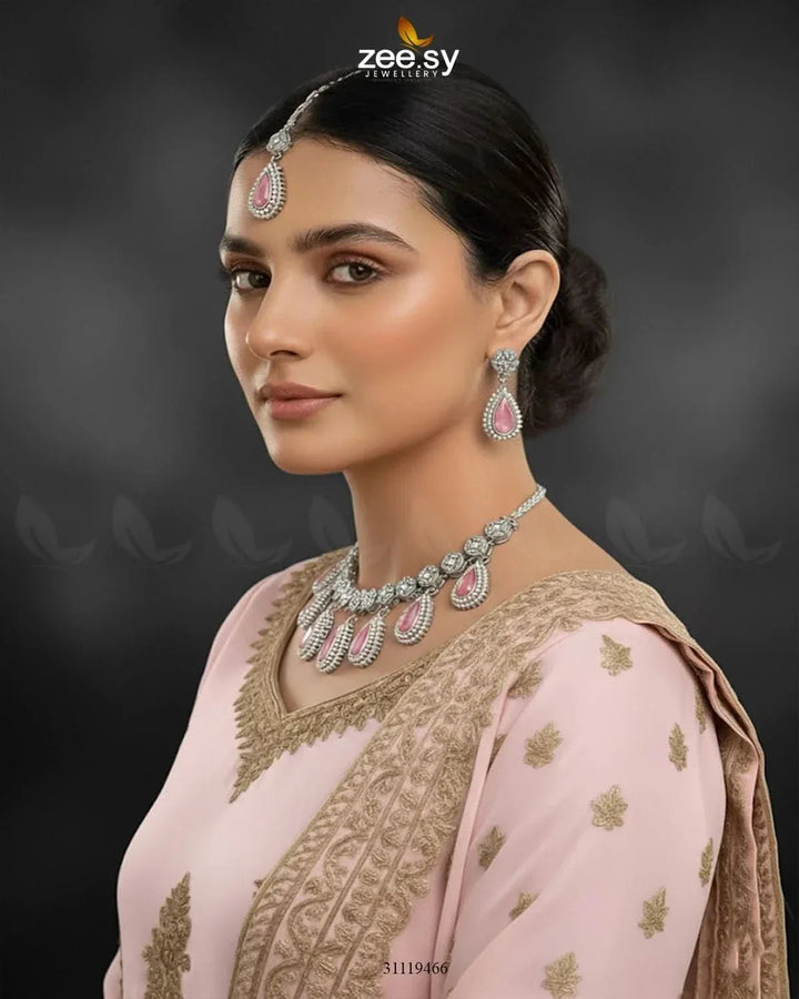 Hearth Necklace Set Silver Pink Necklace Sets - Zeesy Jewellery Pakistan | Premium Artificial & Imitation Jewellery