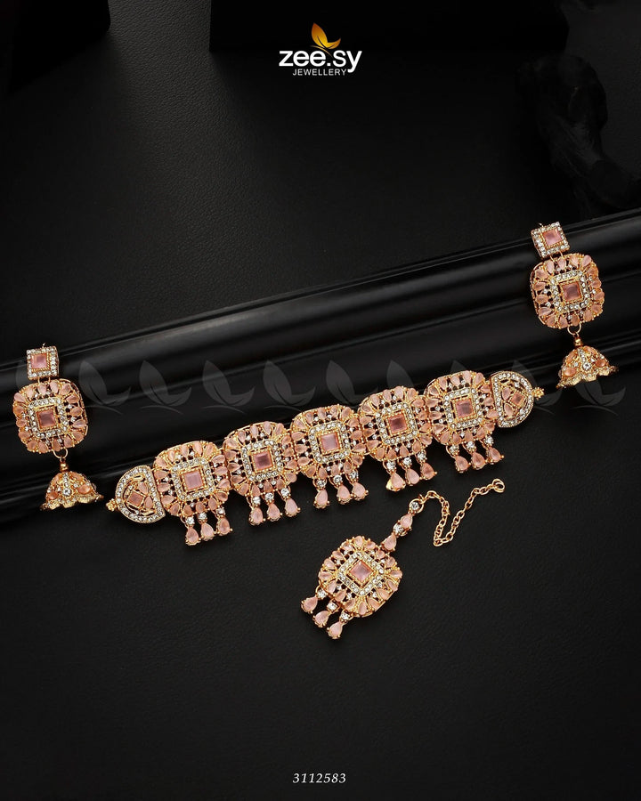 Kiran Necklace Set Golden Mint Pink Necklace Sets - Zeesy Jewellery Pakistan | Premium Artificial & Imitation Jewellery