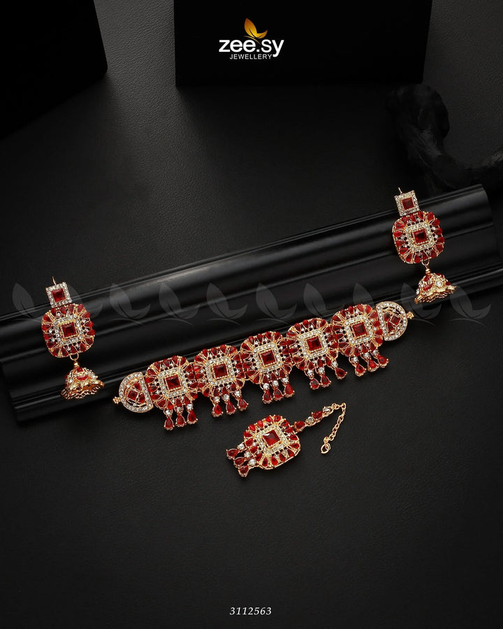 Kiran Necklace Set Golden Red Necklace Sets - Zeesy Jewellery Pakistan | Premium Artificial & Imitation Jewellery