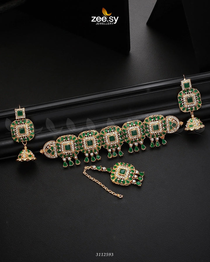 Kiran Necklace Set Golden Green Necklace Sets - Zeesy Jewellery Pakistan | Premium Artificial & Imitation Jewellery