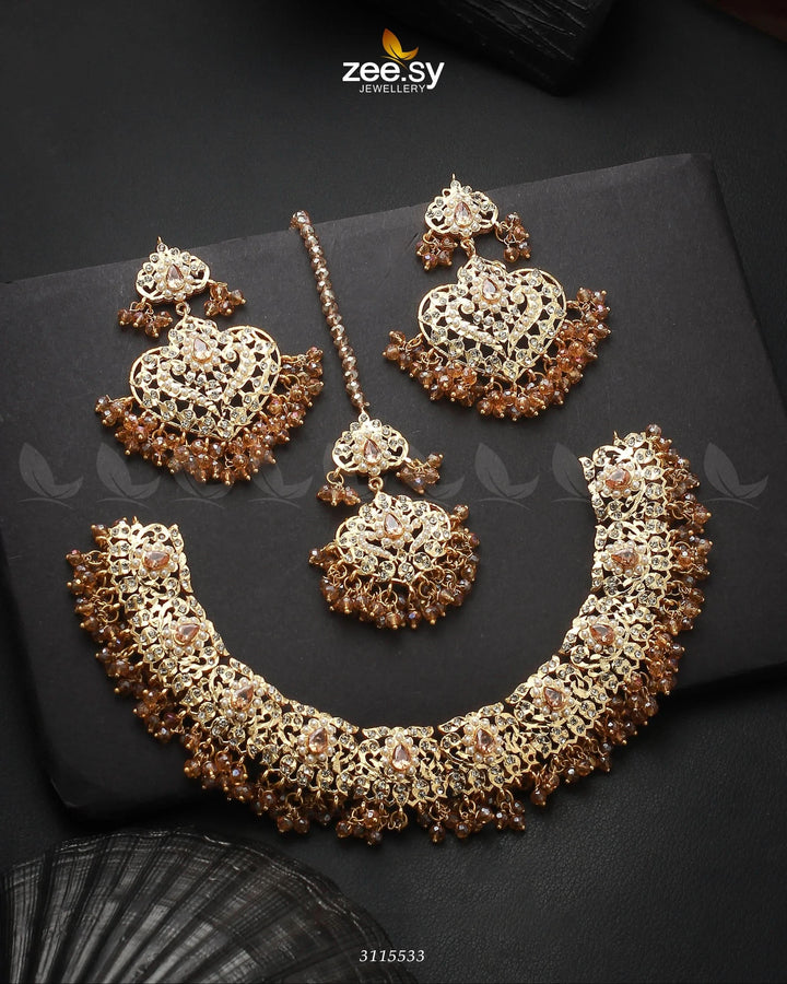 Maniha Necklace Set Golden Champagne Necklace Sets - Zeesy Jewellery Pakistan | Premium Artificial & Imitation Jewellery