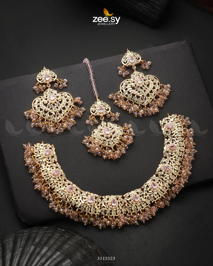 Maniha Necklace Set Golden Mint Pink Necklace Sets - Zeesy Jewellery Pakistan | Premium Artificial & Imitation Jewellery