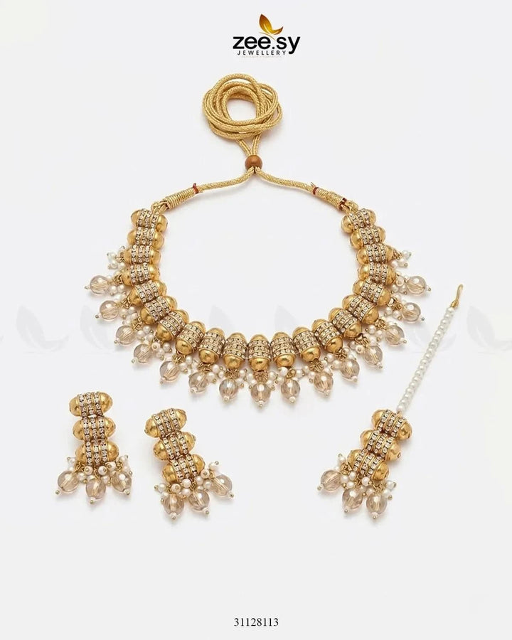 Shahi Pearl Drop Necklace Set Golden Champagne Necklace Sets - Zeesy Jewellery Pakistan | Premium Artificial & Imitation Jewellery