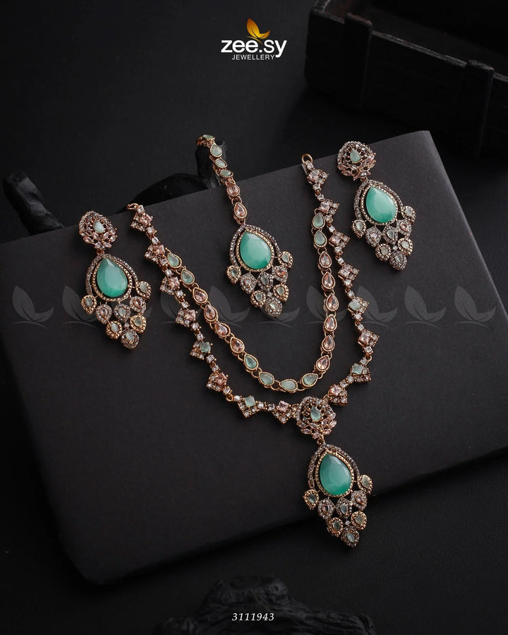 Sushmita Necklace Set Golden Mint Green Necklace Sets - Zeesy Jewellery Pakistan | Premium Artificial & Imitation Jewellery