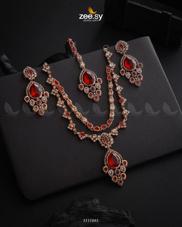 Sushmita Necklace Set Golden Red Necklace Sets - Zeesy Jewellery Pakistan | Premium Artificial & Imitation Jewellery