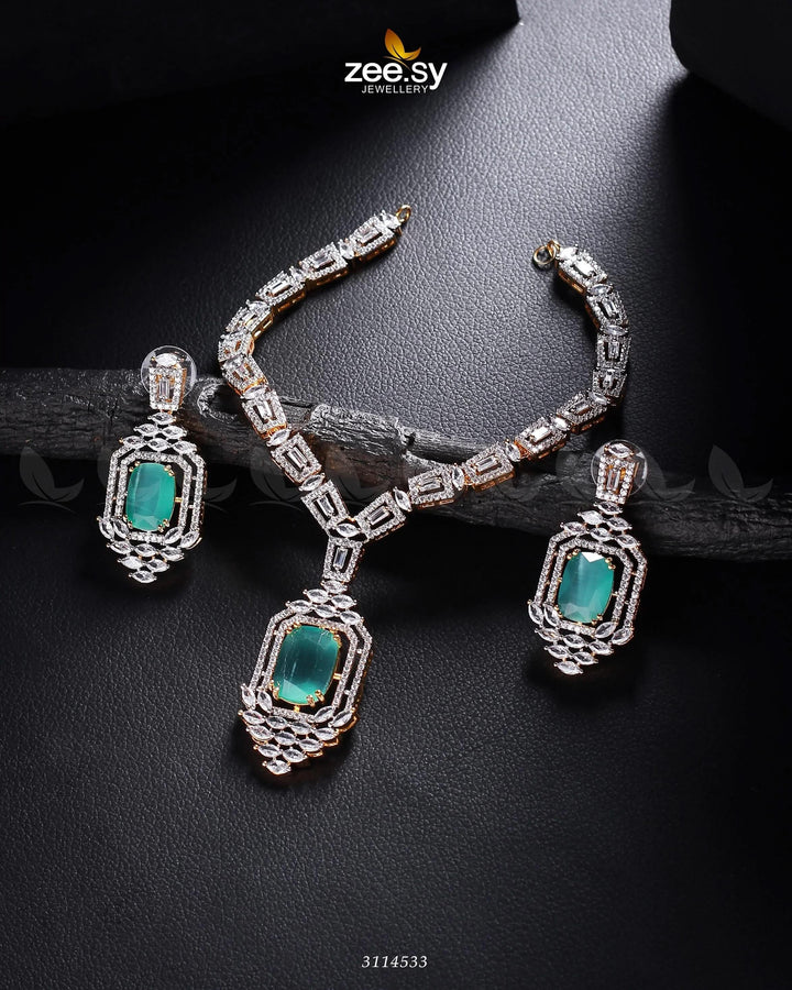 Sharmeen Necklace Set Golden Mint Green Necklace Sets - Zeesy Jewellery Pakistan | Premium Artificial & Imitation Jewellery