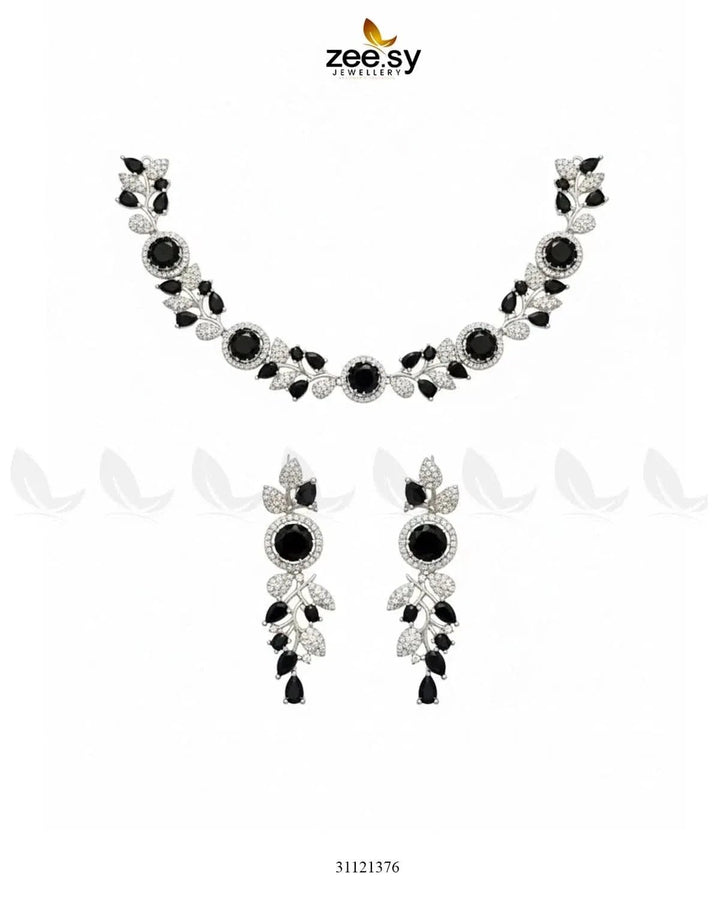 Exquisite Floral Necklace Set Silver Black Necklace Sets - Zeesy Jewellery Pakistan | Premium Artificial & Imitation Jewellery