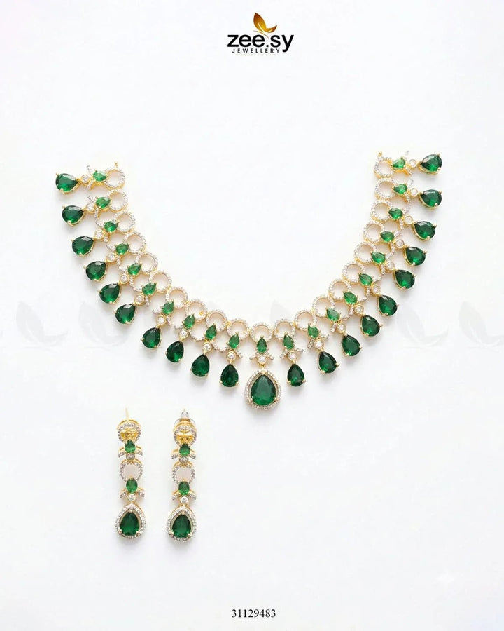 Golden Halo Cascading Necklace Set Golden Green Necklace Sets - Zeesy Jewellery Pakistan | Premium Artificial & Imitation Jewellery