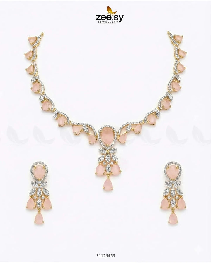 Golden Radiant Drop Necklace Set Golden Mint Pink Necklace Sets - Zeesy Jewellery Pakistan | Premium Artificial & Imitation Jewellery