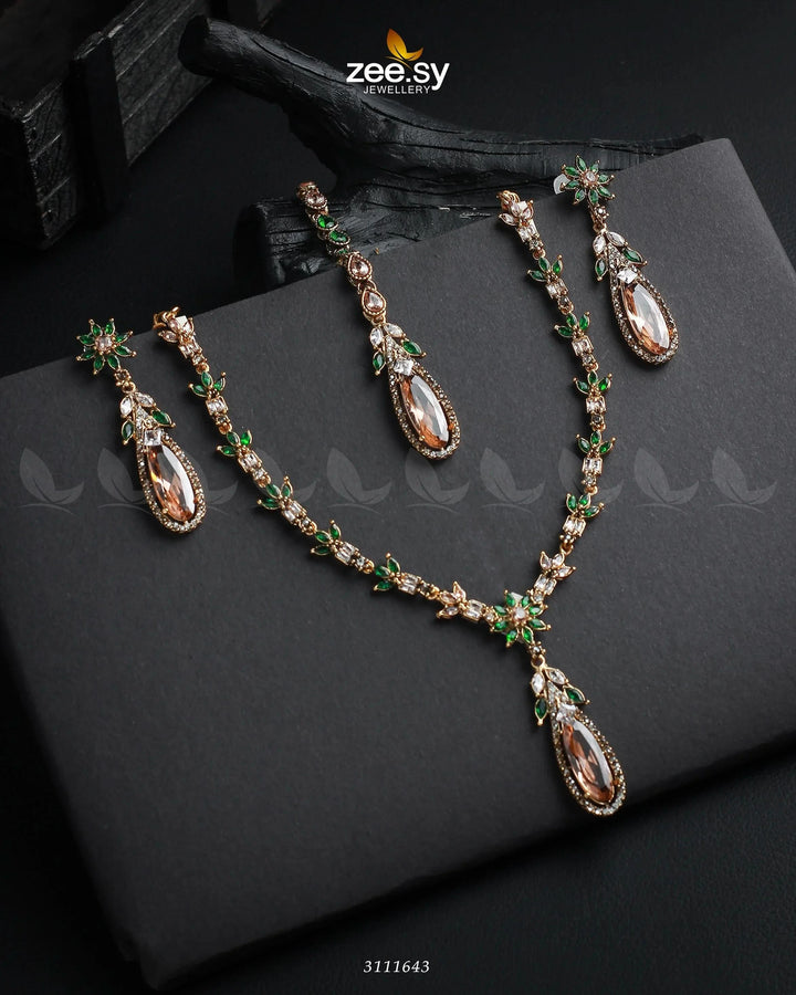 Saba Qamar Necklace Sets Golden Champagne & Green Necklace Sets - Zeesy Jewellery Pakistan | Premium Artificial & Imitation Jewellery