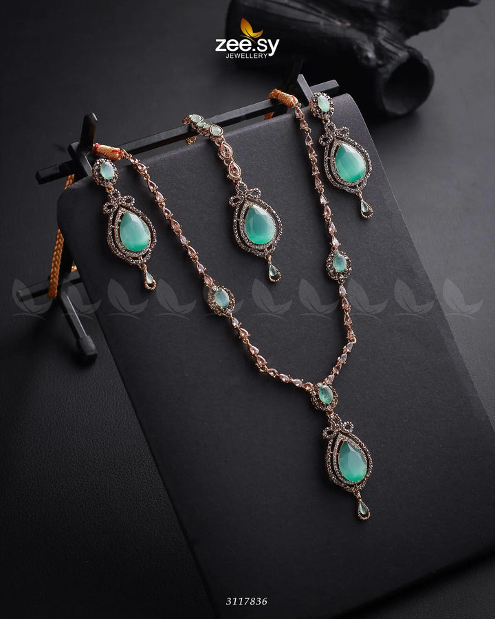 Syra Yousuf Necklace Set Golden Mint Green Necklace Sets - Zeesy Jewellery Pakistan | Premium Artificial & Imitation Jewellery