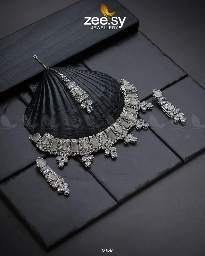 Gemstone Enchantment Necklace Silver white Necklace Sets - Zeesy Jewellery Pakistan | Premium Artificial & Imitation Jewellery
