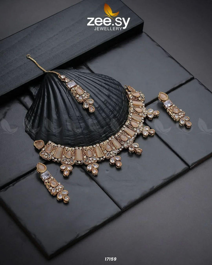 Gemstone Enchantment Necklace Champagne Necklace Sets - Zeesy Jewellery Pakistan | Premium Artificial & Imitation Jewellery