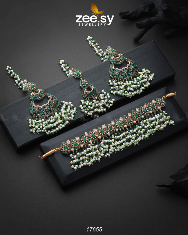 Amaira Chokar Necklace Set Green Necklace Sets - Zeesy Jewellery Pakistan | Premium Artificial & Imitation Jewellery