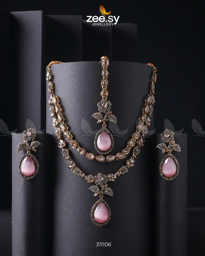 Eldria Cut Stone Necklace Set Golden Mint Pink Necklace Sets - Zeesy Jewellery Pakistan | Premium Artificial & Imitation Jewellery