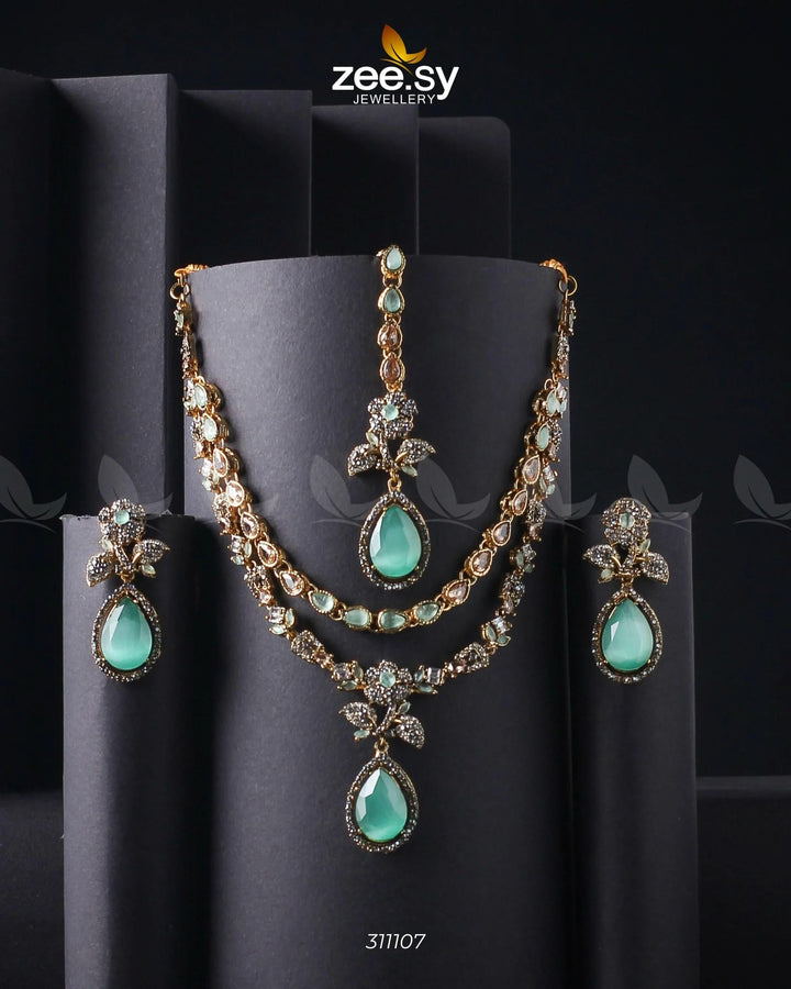 Eldria Cut Stone Necklace Set Mint Green Necklace Sets - Zeesy Jewellery Pakistan | Premium Artificial & Imitation Jewellery