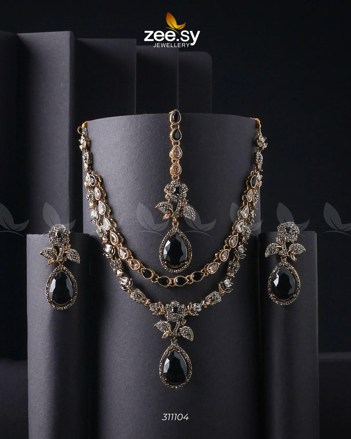 Eldria Cut Stone Necklace Set Golden Black Necklace Sets - Zeesy Jewellery Pakistan | Premium Artificial & Imitation Jewellery