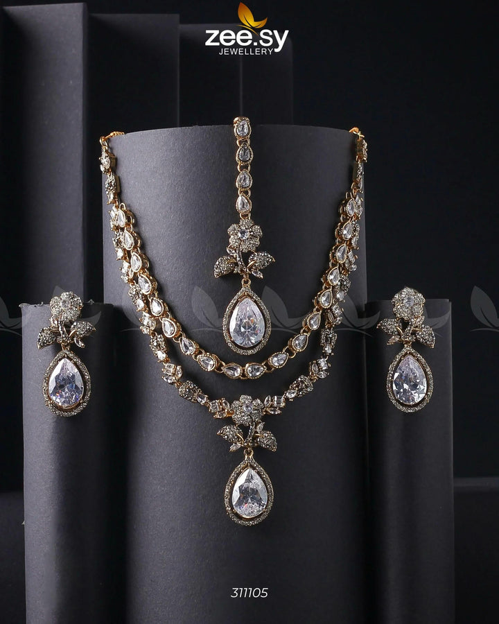 Eldria Cut Stone Necklace Set Golden White Necklace Sets - Zeesy Jewellery Pakistan | Premium Artificial & Imitation Jewellery