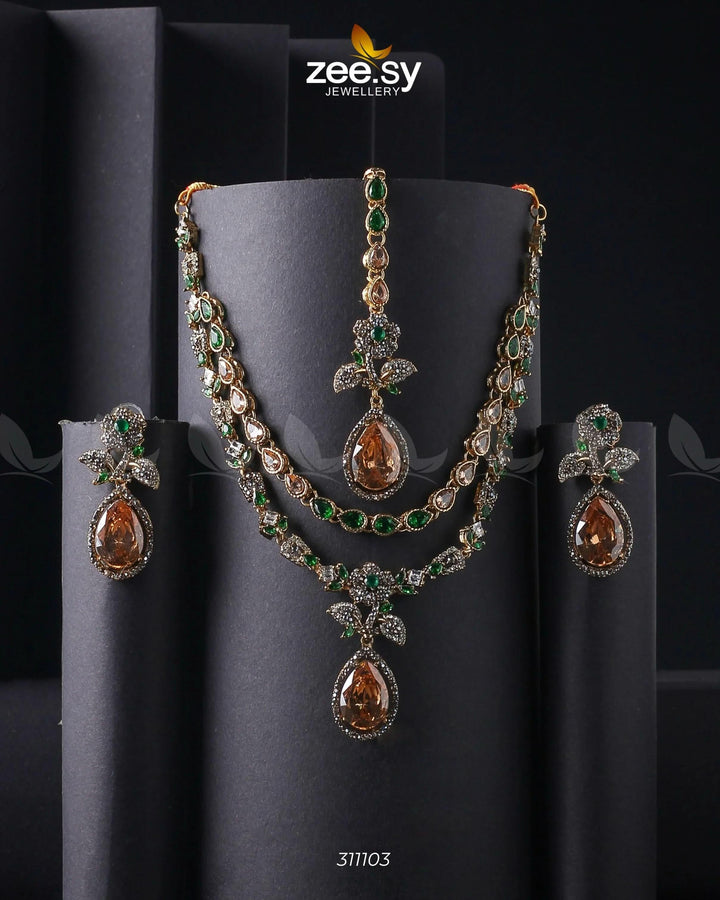 Eldria Cut Stone Necklace Set Champagne & Green Necklace Sets - Zeesy Jewellery Pakistan | Premium Artificial & Imitation Jewellery