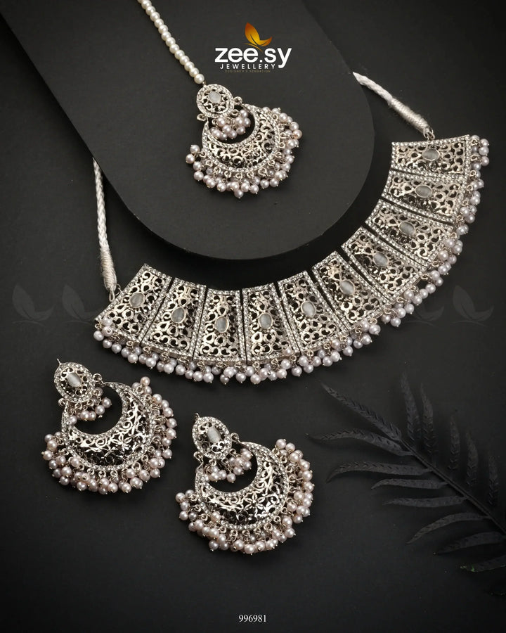 Ornamented Necklace Set Silver White Necklace Sets - Zeesy Jewellery Pakistan | Premium Artificial & Imitation Jewellery