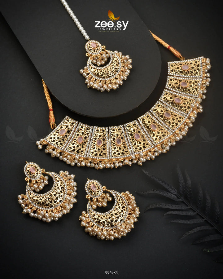 Ornamented Necklace Set Mint pink Necklace Sets - Zeesy Jewellery Pakistan | Premium Artificial & Imitation Jewellery