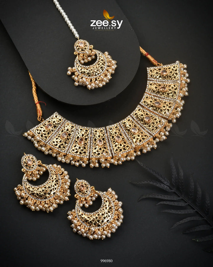 Ornamented Necklace Set Champagne Necklace Sets - Zeesy Jewellery Pakistan | Premium Artificial & Imitation Jewellery