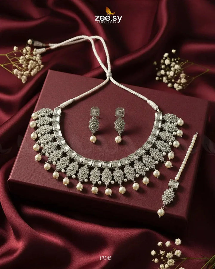 Preeti Necklace Silver White Necklace Sets - Zeesy Jewellery Pakistan | Premium Artificial & Imitation Jewellery