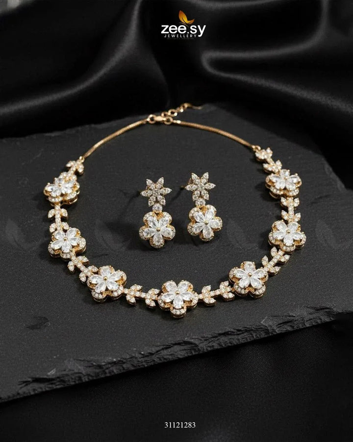Floral Cubic Stone Necklace Set Golden white Necklace Sets - Zeesy Jewellery Pakistan | Premium Artificial & Imitation Jewellery