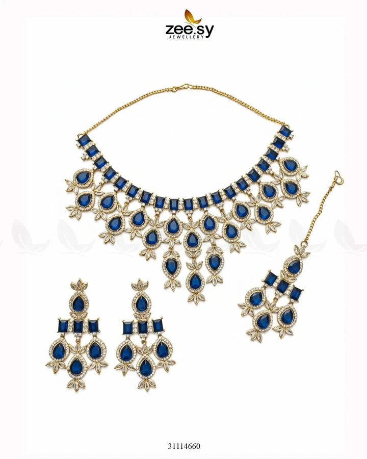 Gorgeous Necklace Set Golden Blue Necklace Sets - Zeesy Jewellery Pakistan | Premium Artificial & Imitation Jewellery