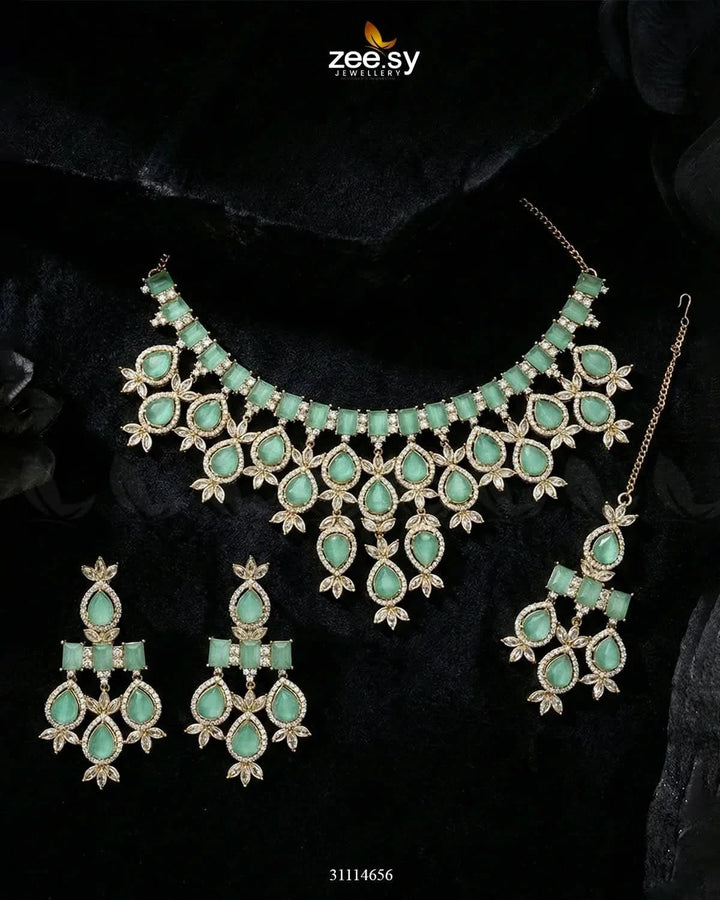 Gorgeous Necklace Set Golden Mint Green Necklace Sets - Zeesy Jewellery Pakistan | Premium Artificial & Imitation Jewellery