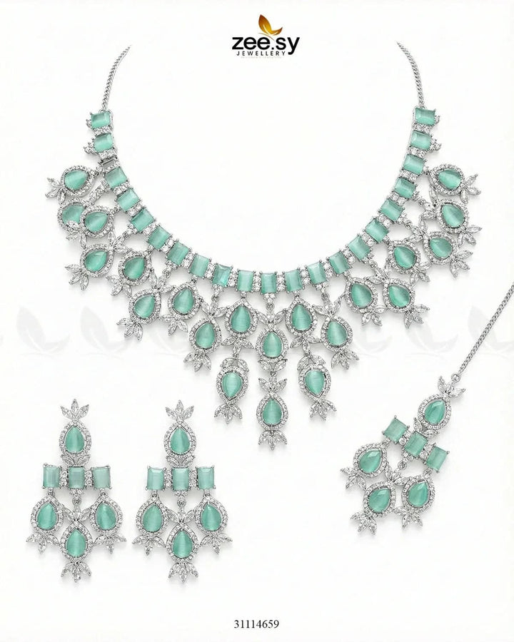 Gorgeous Necklace Set Silver Mint Green Necklace Sets - Zeesy Jewellery Pakistan | Premium Artificial & Imitation Jewellery