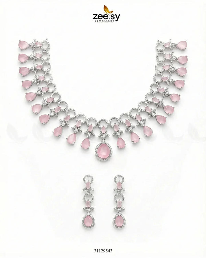 Silver Halo Cascading Necklace Set Silver Mint Pink Necklace Sets - Zeesy Jewellery Pakistan | Premium Artificial & Imitation Jewellery