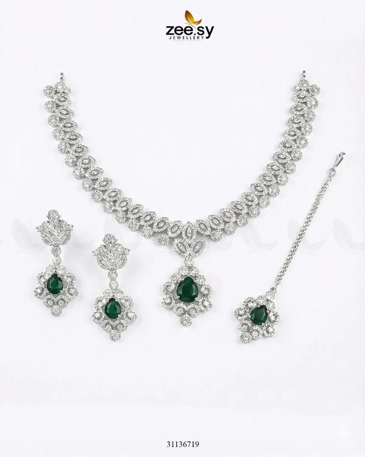 Silver Crystal Pave Necklace Set Silver Green Necklace Sets - Zeesy Jewellery Pakistan | Premium Artificial & Imitation Jewellery