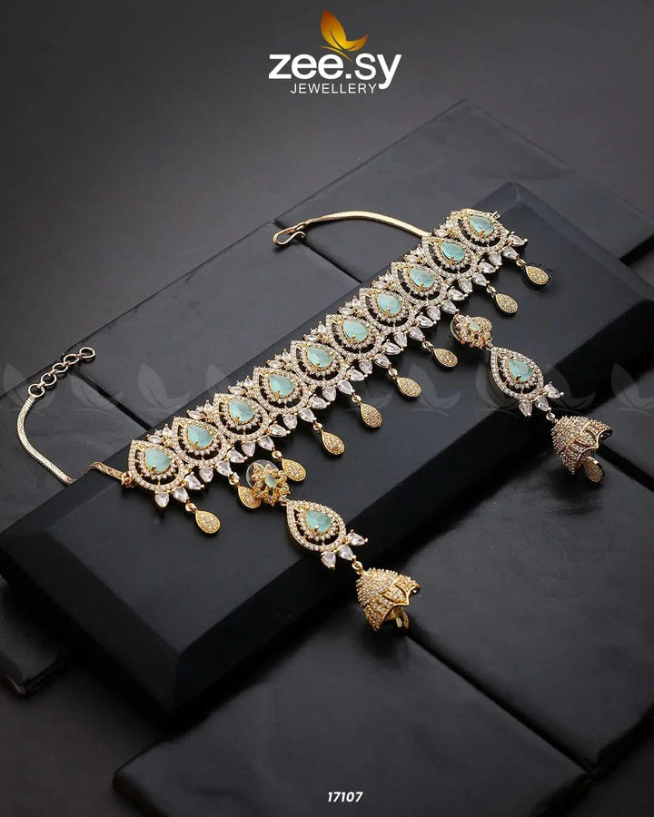 Kohinoor Necklace Golden Mint Green Necklace Sets - Zeesy Jewellery Pakistan | Premium Artificial & Imitation Jewellery