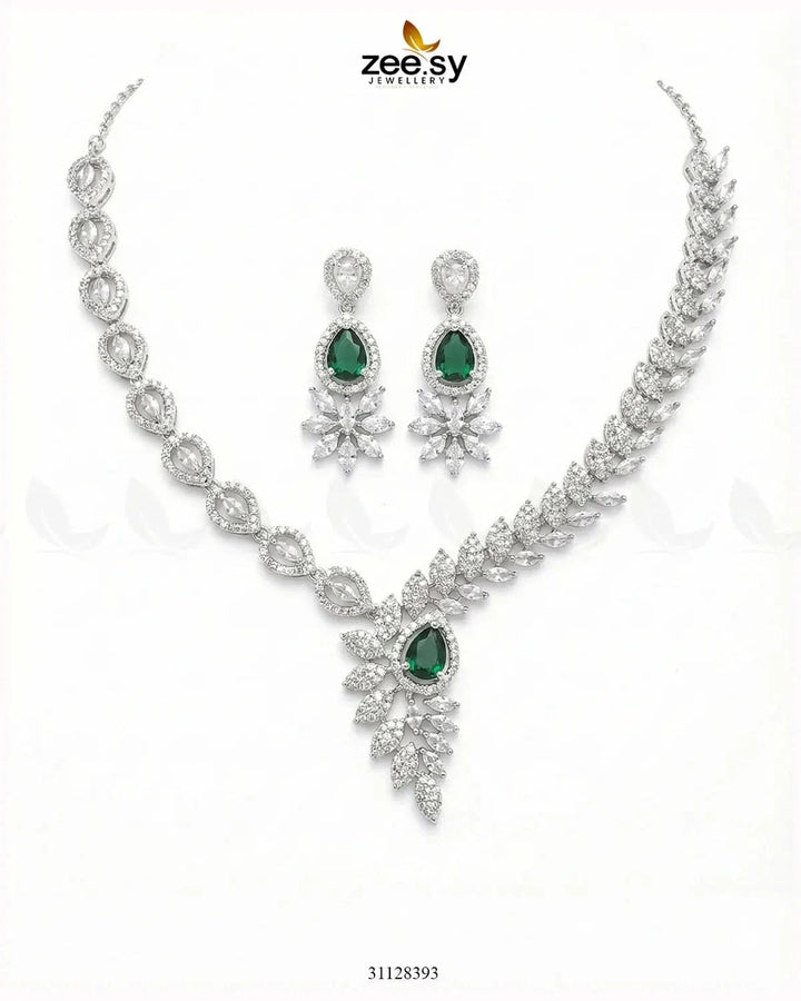 Royal Floral Zirconia Necklace Set Silver Green Necklace Sets - Zeesy Jewellery Pakistan | Premium Artificial & Imitation Jewellery