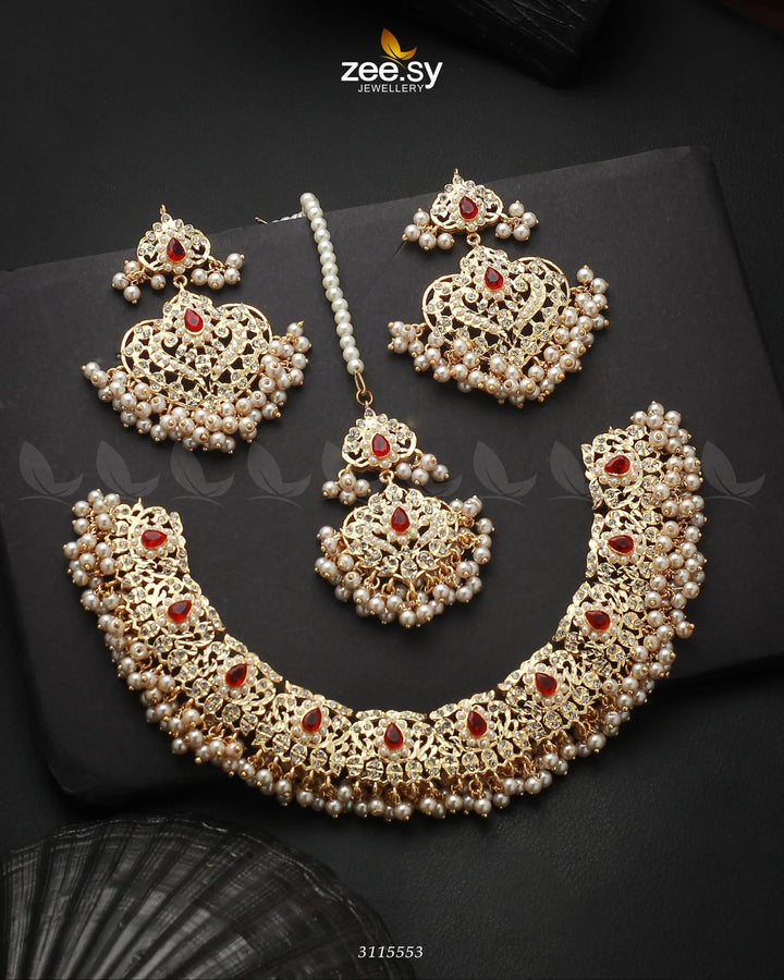 Gracious Necklace Set Golden Ruby & Pearl Necklace Sets - Zeesy Jewellery Pakistan | Premium Artificial & Imitation Jewellery