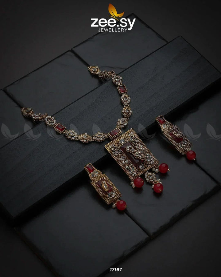 Majestic Gems Necklace Golden Red Necklace Sets - Zeesy Jewellery Pakistan | Premium Artificial & Imitation Jewellery