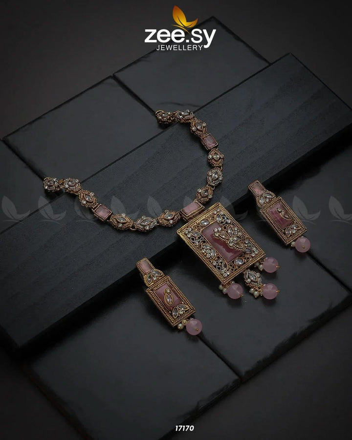 Majestic Gems Necklace Golden Mint Pink Necklace Sets - Zeesy Jewellery Pakistan | Premium Artificial & Imitation Jewellery