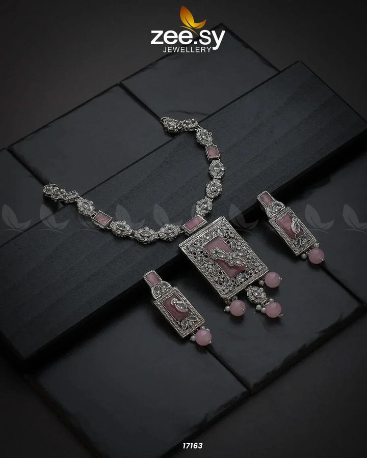 Majestic Gems Necklace Silver Pink Necklace Sets - Zeesy Jewellery Pakistan | Premium Artificial & Imitation Jewellery
