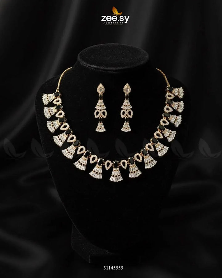 Baguette Fringe Tassel Necklace Set Golden Black Necklace Sets - Zeesy Jewellery Pakistan | Premium Artificial & Imitation Jewellery