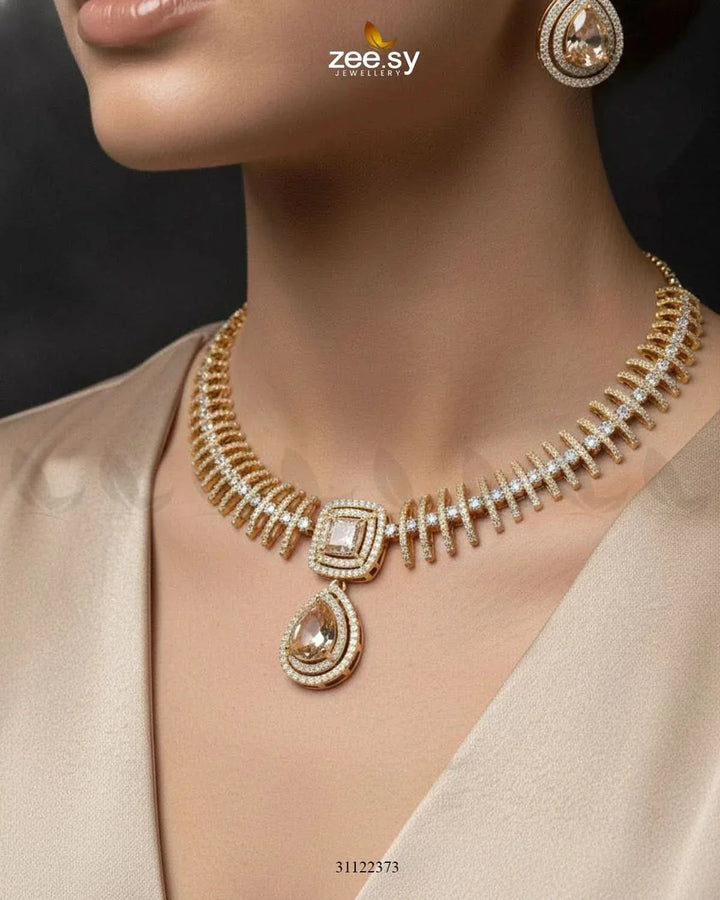 Kavita Art Oval Crystal Necklace Set Golden Champagne Necklace Sets - Zeesy Jewellery Pakistan | Premium Artificial & Imitation Jewellery
