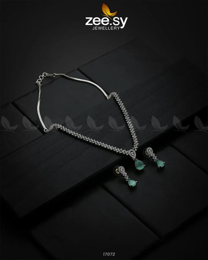 Nargis Zircon Necklace Silver Mint Green Necklace Sets - Zeesy Jewellery Pakistan | Premium Artificial & Imitation Jewellery