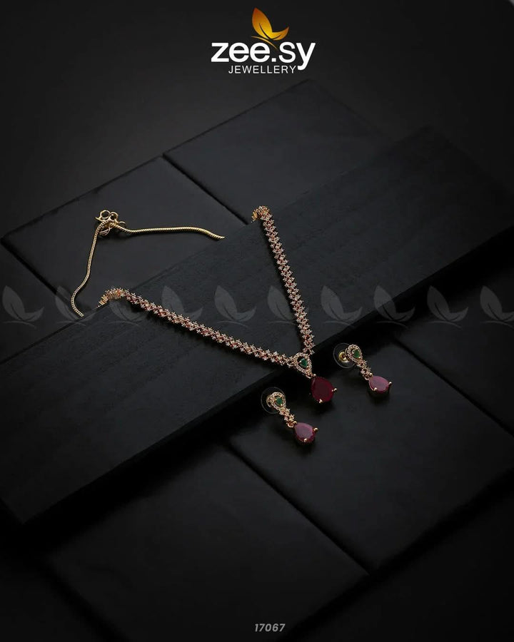 Nargis Zircon Necklace Golden Red & Green Necklace Sets - Zeesy Jewellery Pakistan | Premium Artificial & Imitation Jewellery