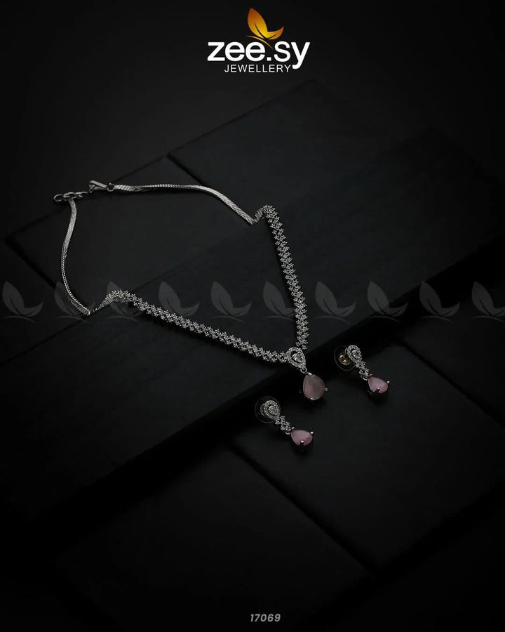 Nargis Zircon Necklace Silver Pink Necklace Sets - Zeesy Jewellery Pakistan | Premium Artificial & Imitation Jewellery