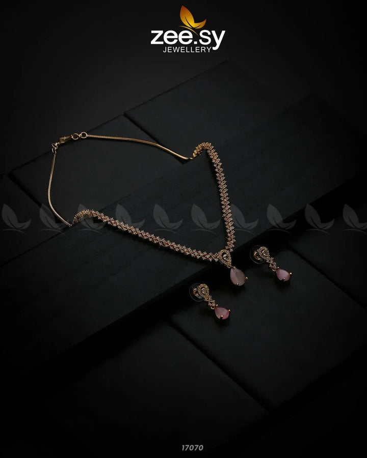 Nargis Zircon Necklace Golden Pink Necklace Sets - Zeesy Jewellery Pakistan | Premium Artificial & Imitation Jewellery