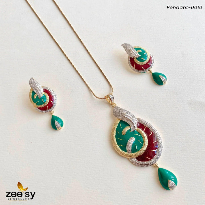 Enamel Teardrop Modern Pendant Set Green & Red Pendant - Zeesy Jewellery Pakistan | Premium Artificial & Imitation Jewellery
