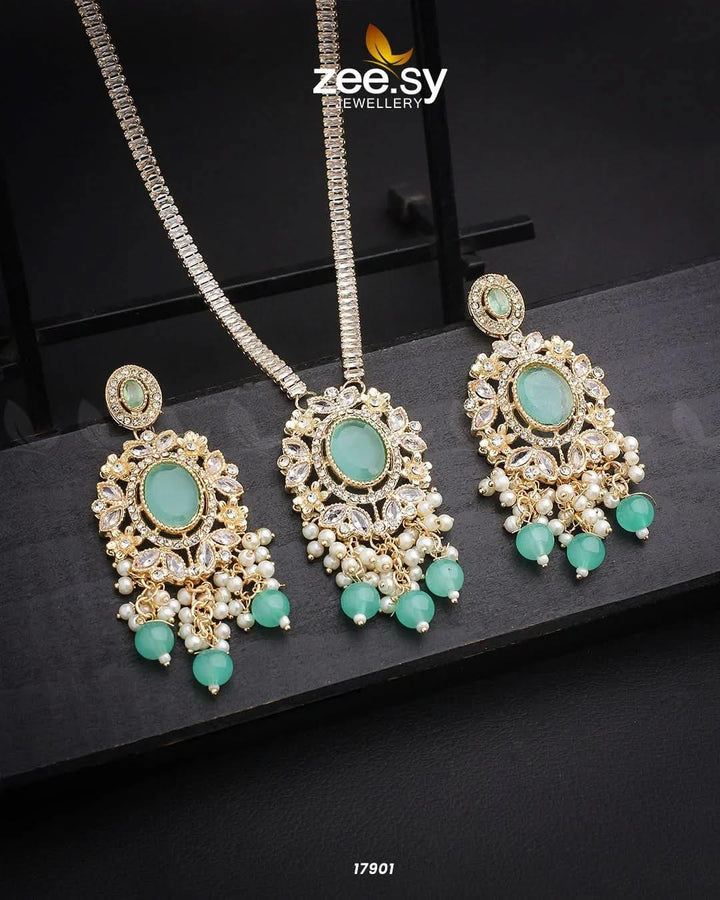 Basil Shield Vintage Necklace Set Golden Mint Green Pendants - Zeesy Jewellery Pakistan | Premium Artificial & Imitation Jewellery